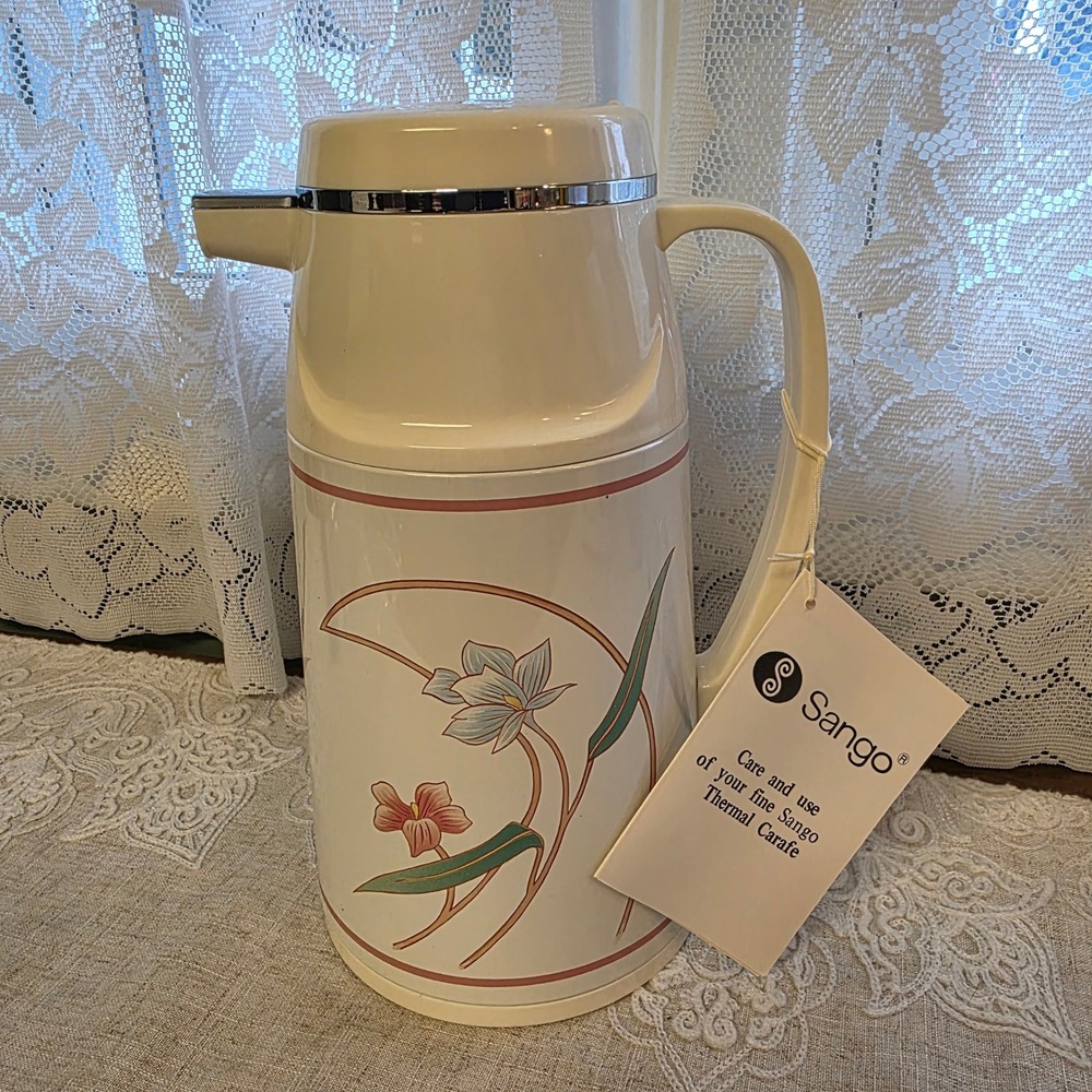 Vtg Sango Thermal Carafe 10in Cream Floral Glass Lined Vacuum Insulated Pitcher